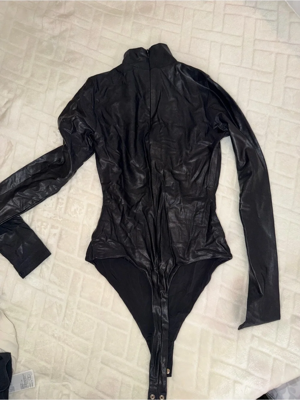 NAKED WARDROBE Black Shiny Mock Neck Long Sleeve Bodysuits - Picture 3 of 5